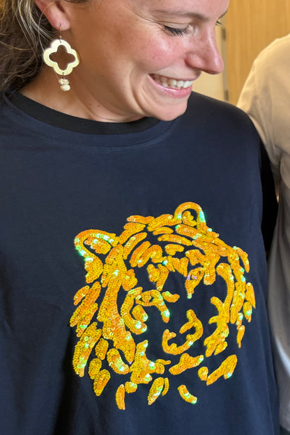 Sequin Tigers Shirt - Navy [6 week turnaround time]